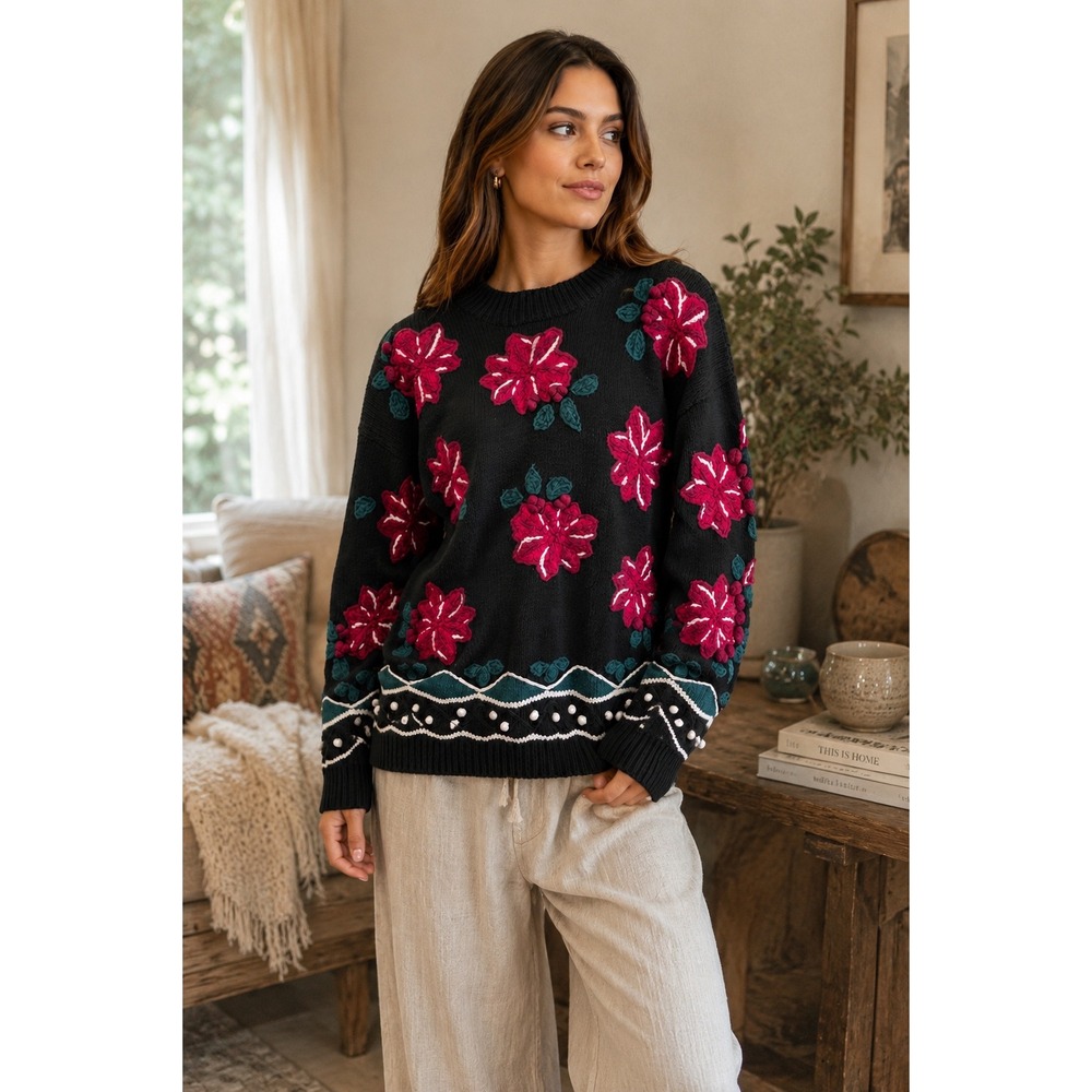 Vintage Cape Isle Knitters Hand Knit Floral Sweater L 3D Applique Cottagecore